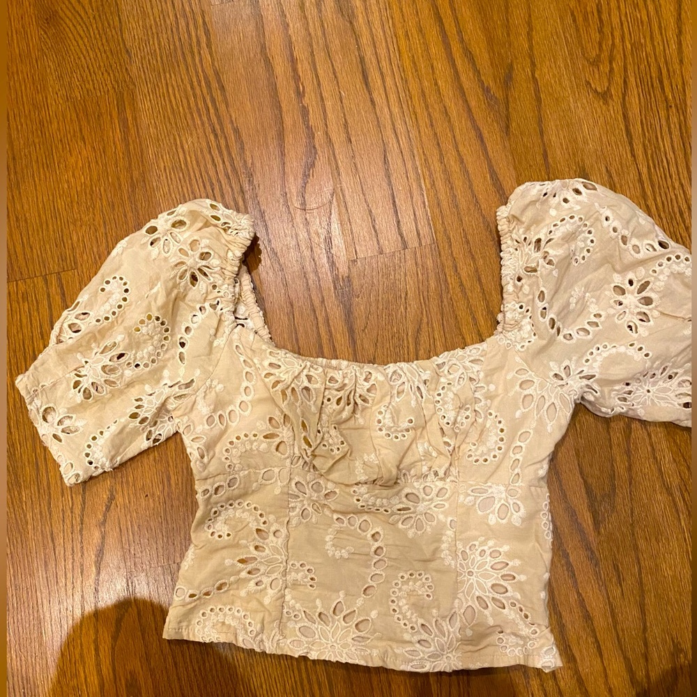 Astr Beige Eyelet Crop Top